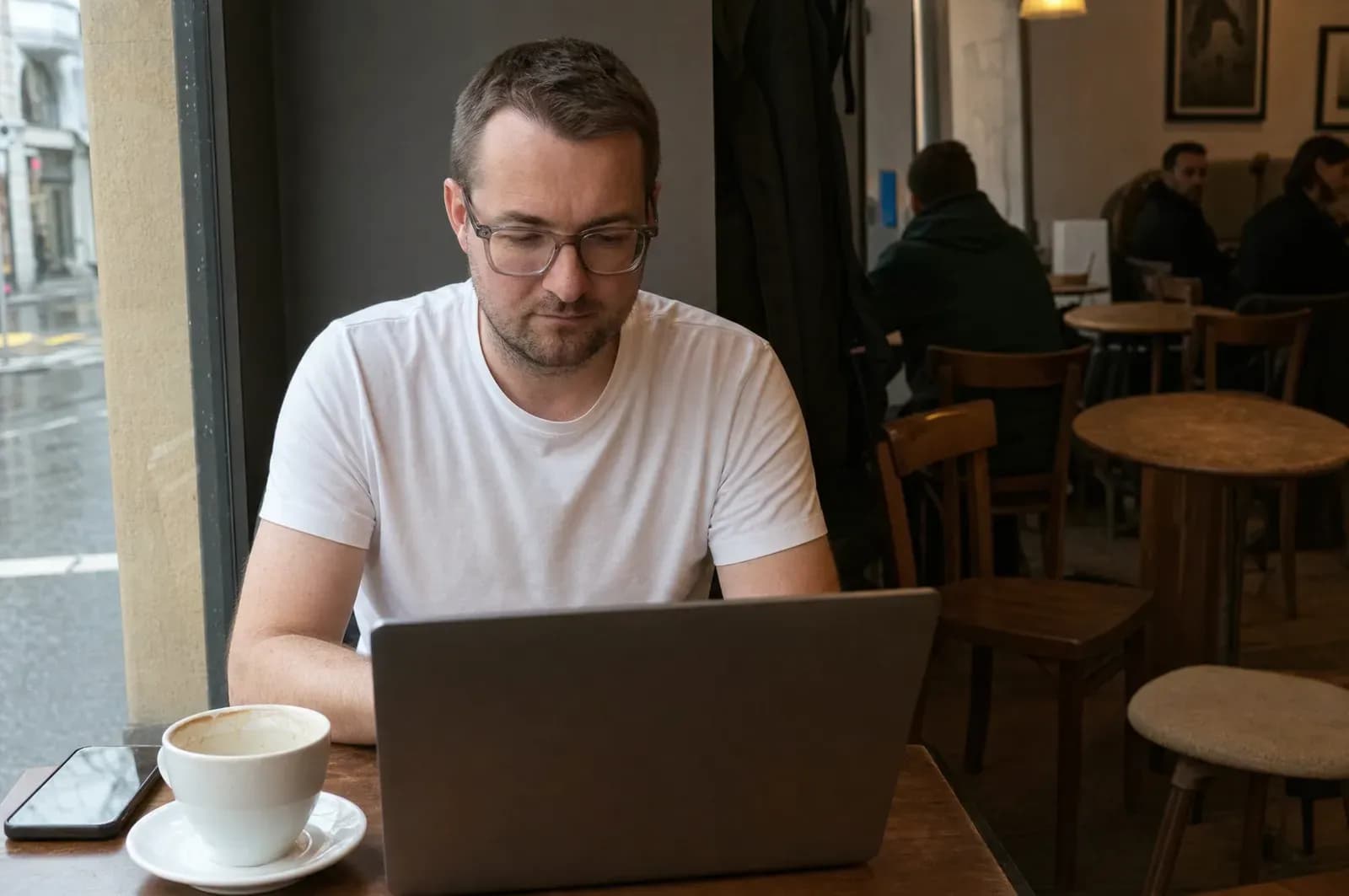 Marcus Martini prüft im Café eine Website auf Laptop und Smartphone