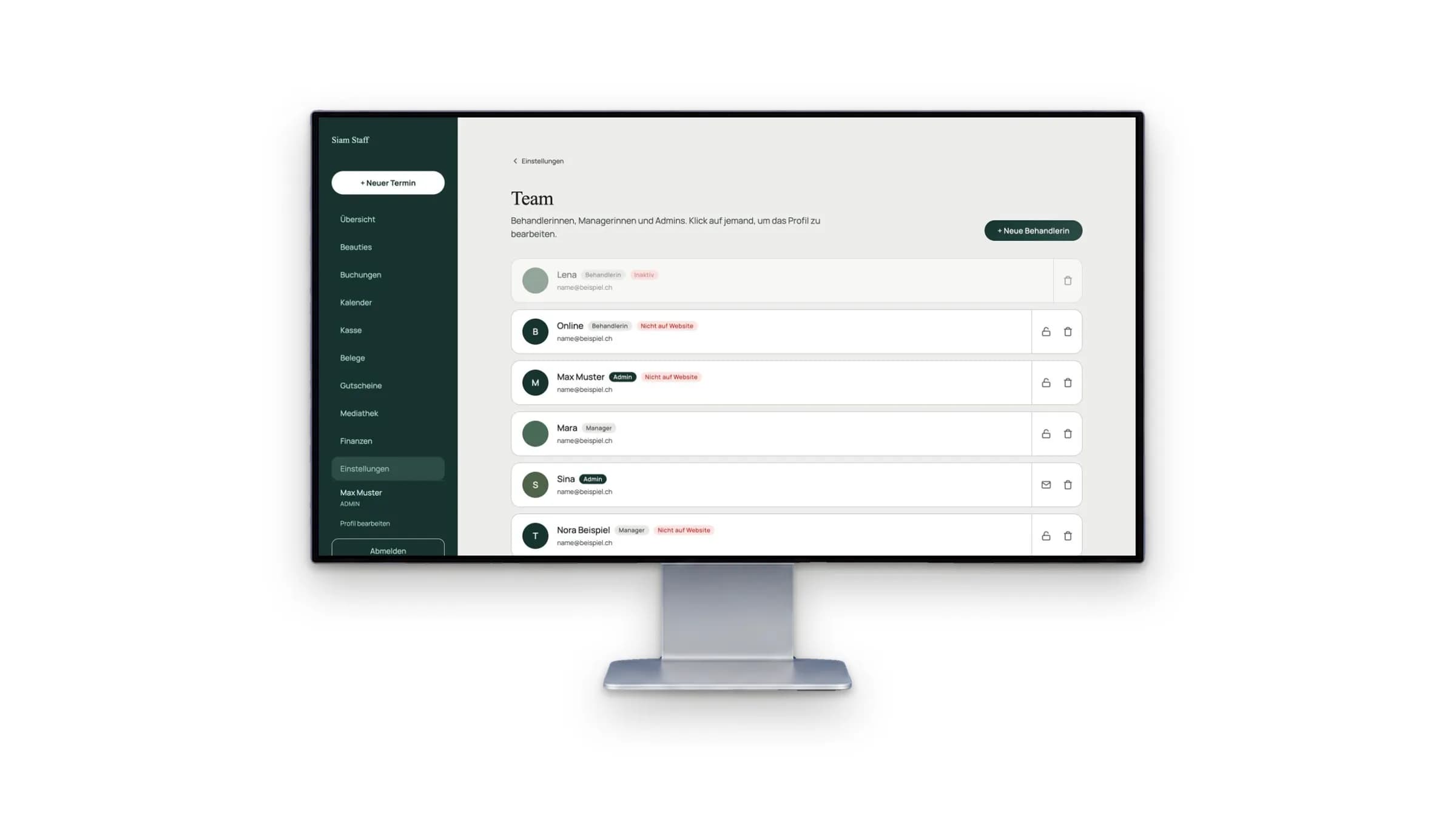 Backend-Ansicht der Teamverwaltung mit den Rollen Admin, Manager und Behandlerin