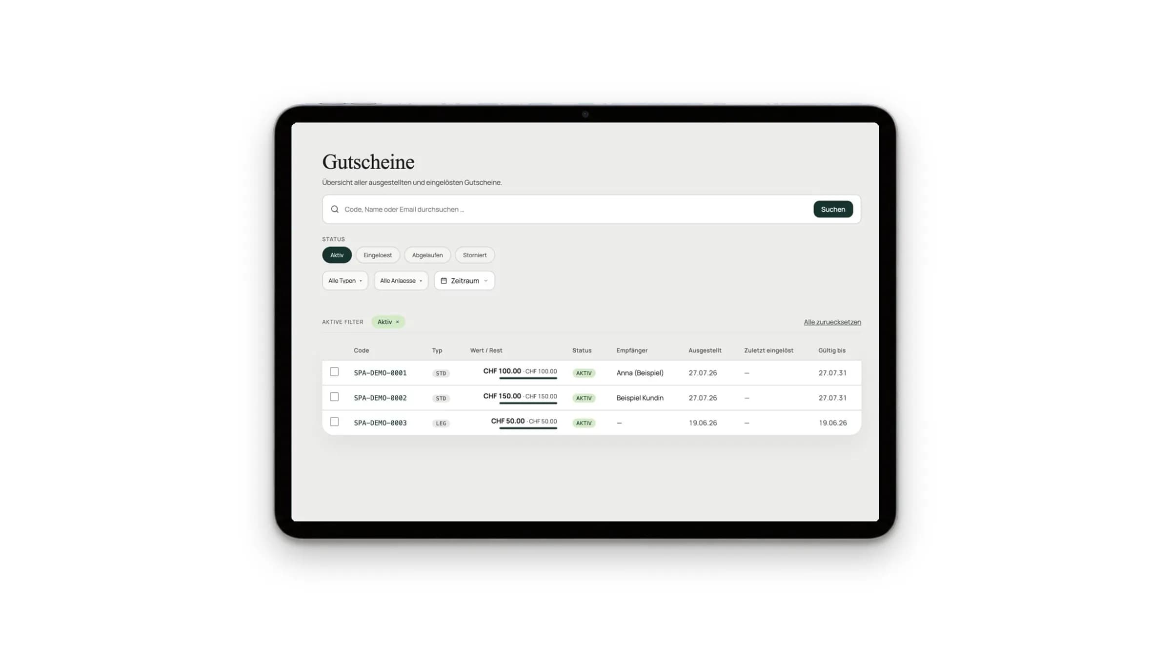 Tablet mit der Gutschein-Verwaltung im Backend