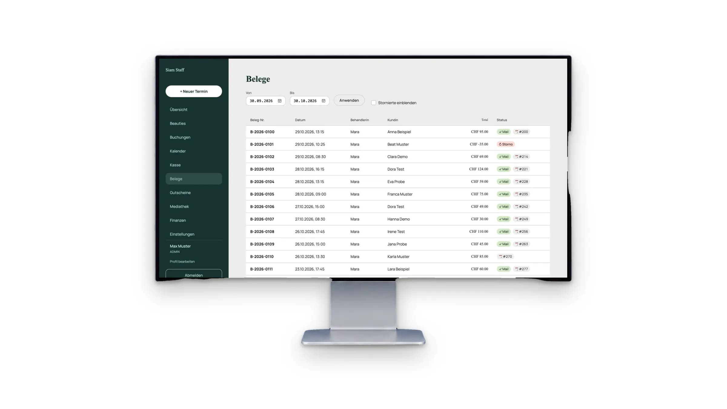 Monitor mit der Belegübersicht der Kasse im Backend