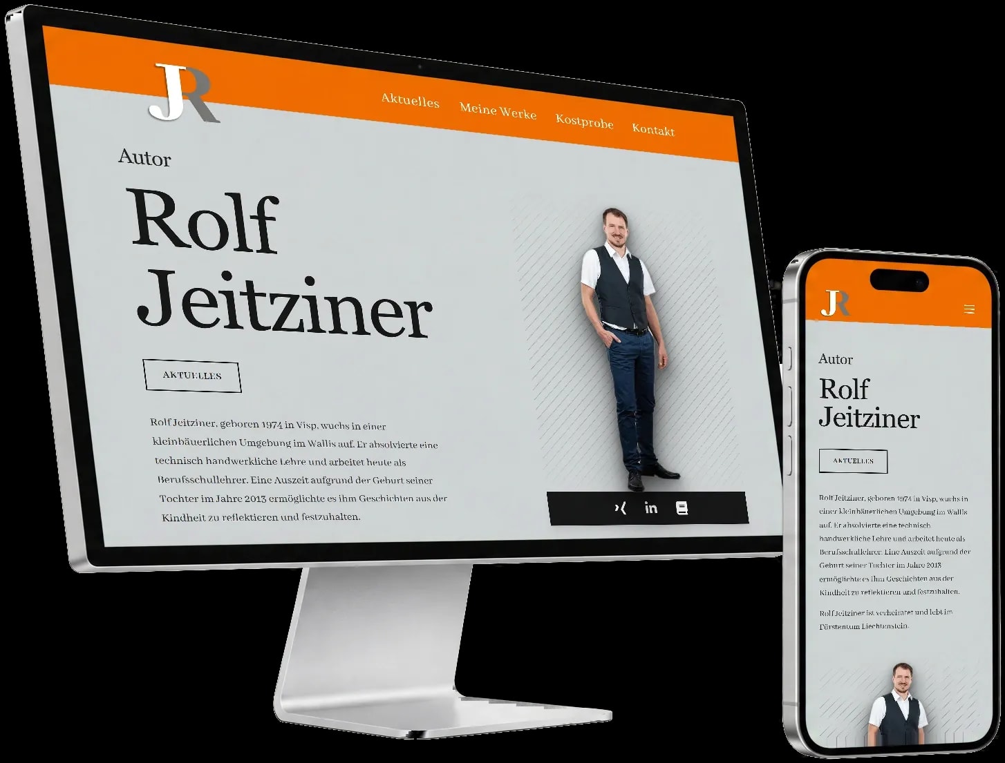 Website von Autor Rolf Jeitziner auf Monitor und Handy