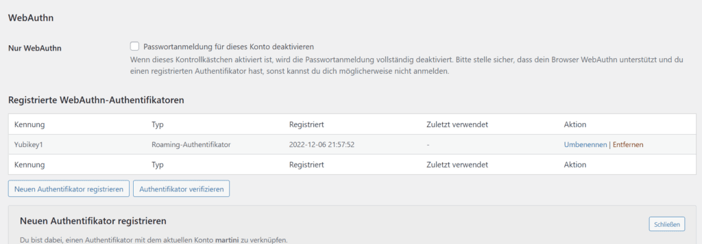 Registrierte WebAuthn Authentifikatoren