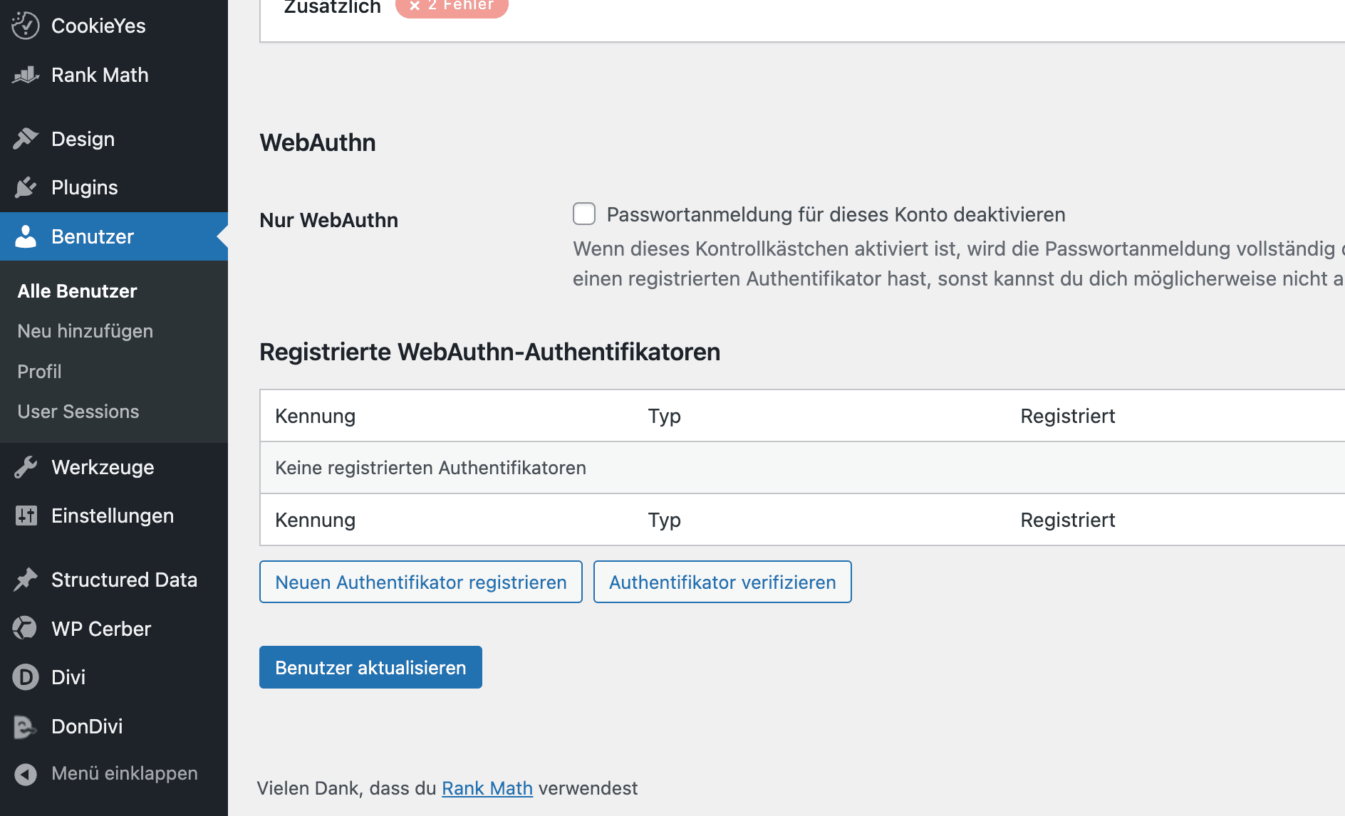 WordPress Benutzer bearbeiten WebAuthn