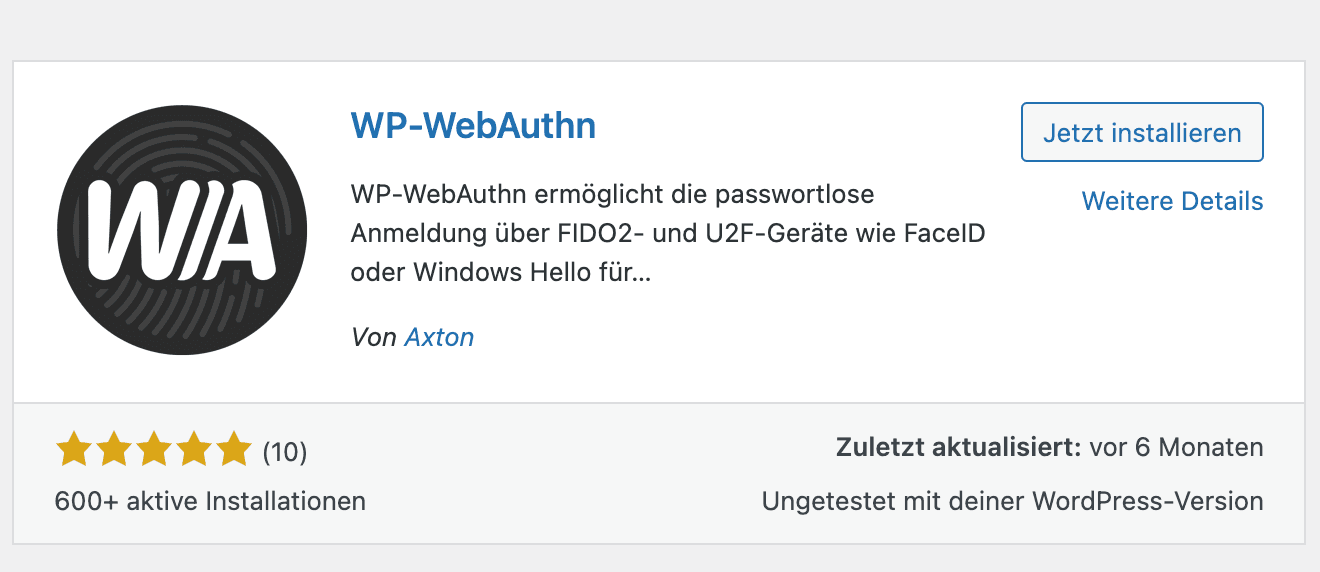 WP-WebAuthn Plugin aktivieren