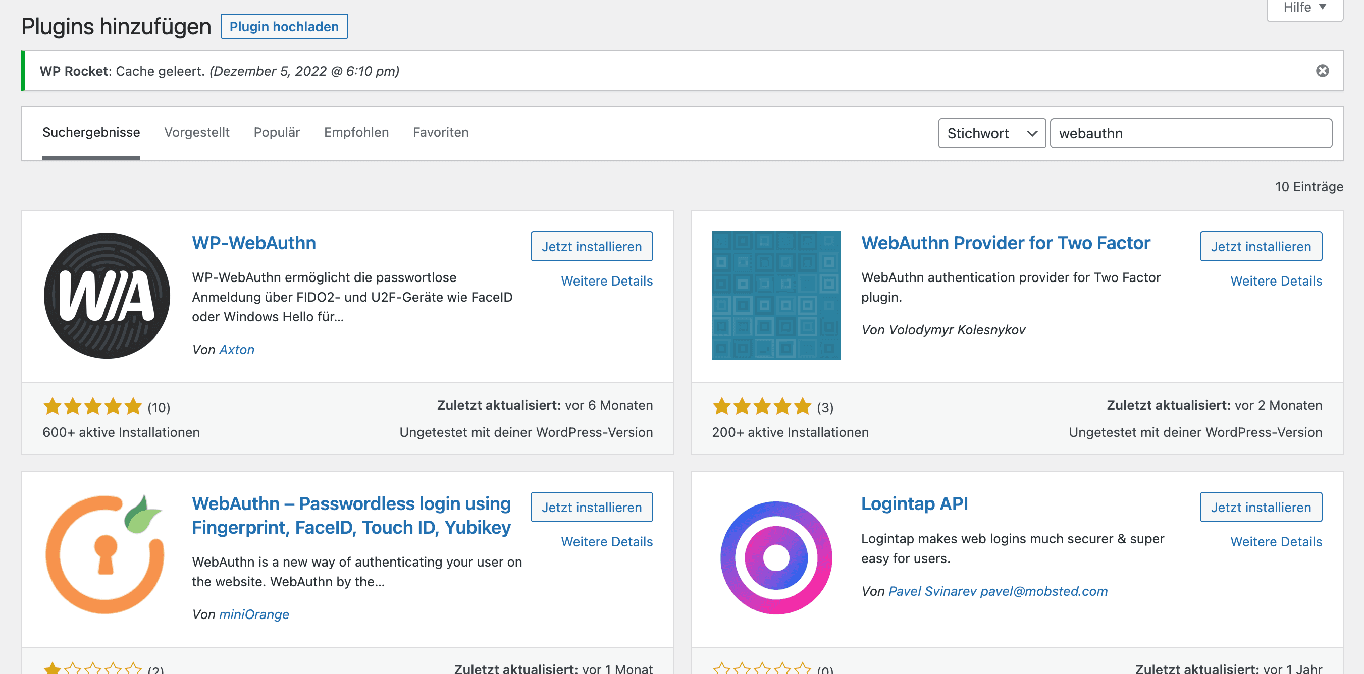 WebAuthn Plugin in WordPress suchen